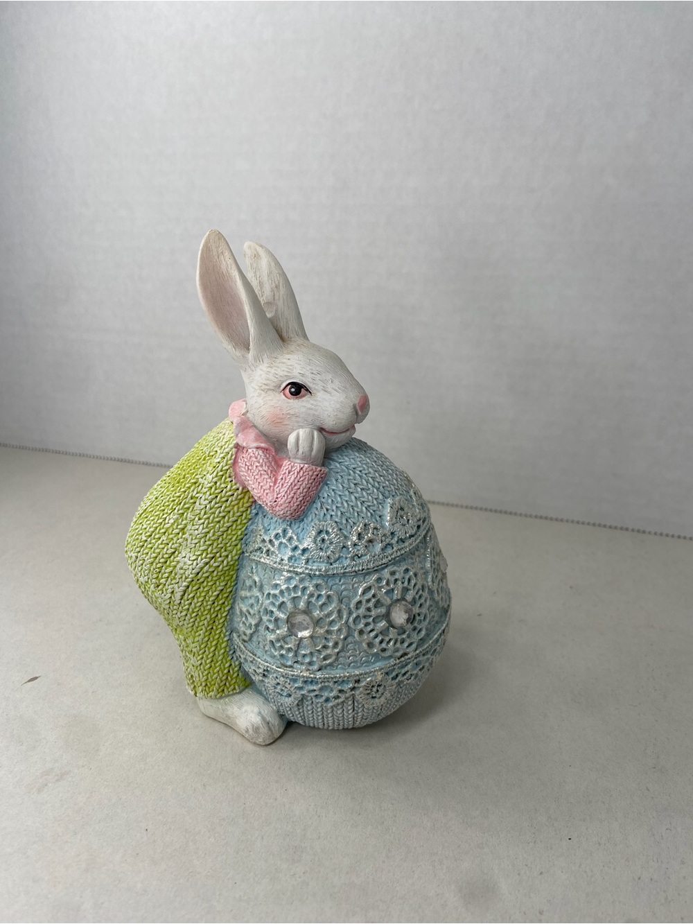 Easter Bunny Figurine Pastel Blue Lace Knit Egg Rhinestone Gem Resin Decor - Picture 5 of 7